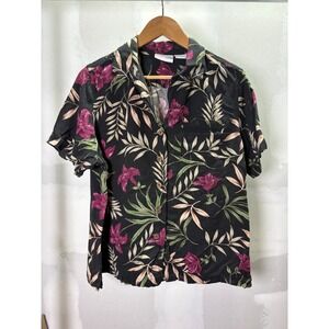 Jaclyn Smith Classic Womens 1X Tropical Floral Rayon Button Down Shirt Black